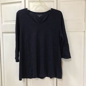 Eileen Fisher Renew collection, Navy Hemp/ Cotton V- neck Top w/ 3/4 sleeve.-M